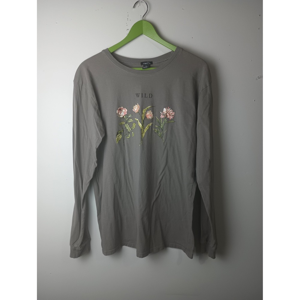 Rue21 Womens XL Wild Floral Graphic Long Sleeve Tee Cotton Grey Olive Top